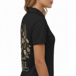 Back view of a premium cotton polo shirt featuring a VALE celestial graphic with moon phases, moths, and botanical ferns in vintage gold tones on black, navy, and maroon fabric.
