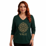 Women's VALE long sleeve V-neck cotton shirt with gold mandala floral print in green, brown, and black colors.