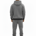 Men's designer breathable cotton tracksuit set featuring a full-zip hooded sweatshirt and matching joggers with an all-over geometric pattern and "VALE" branding