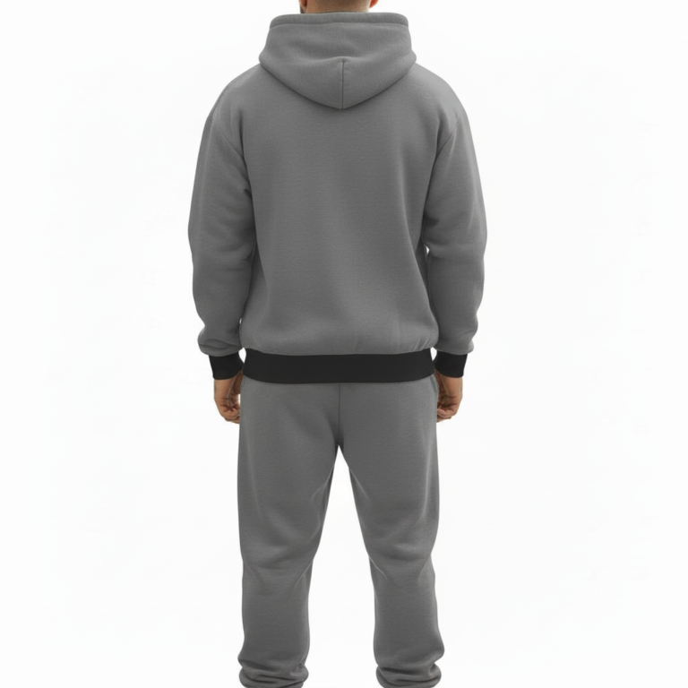 Men's designer breathable cotton tracksuit set featuring a full-zip hooded sweatshirt and matching joggers with an all-over geometric pattern and "VALE" branding