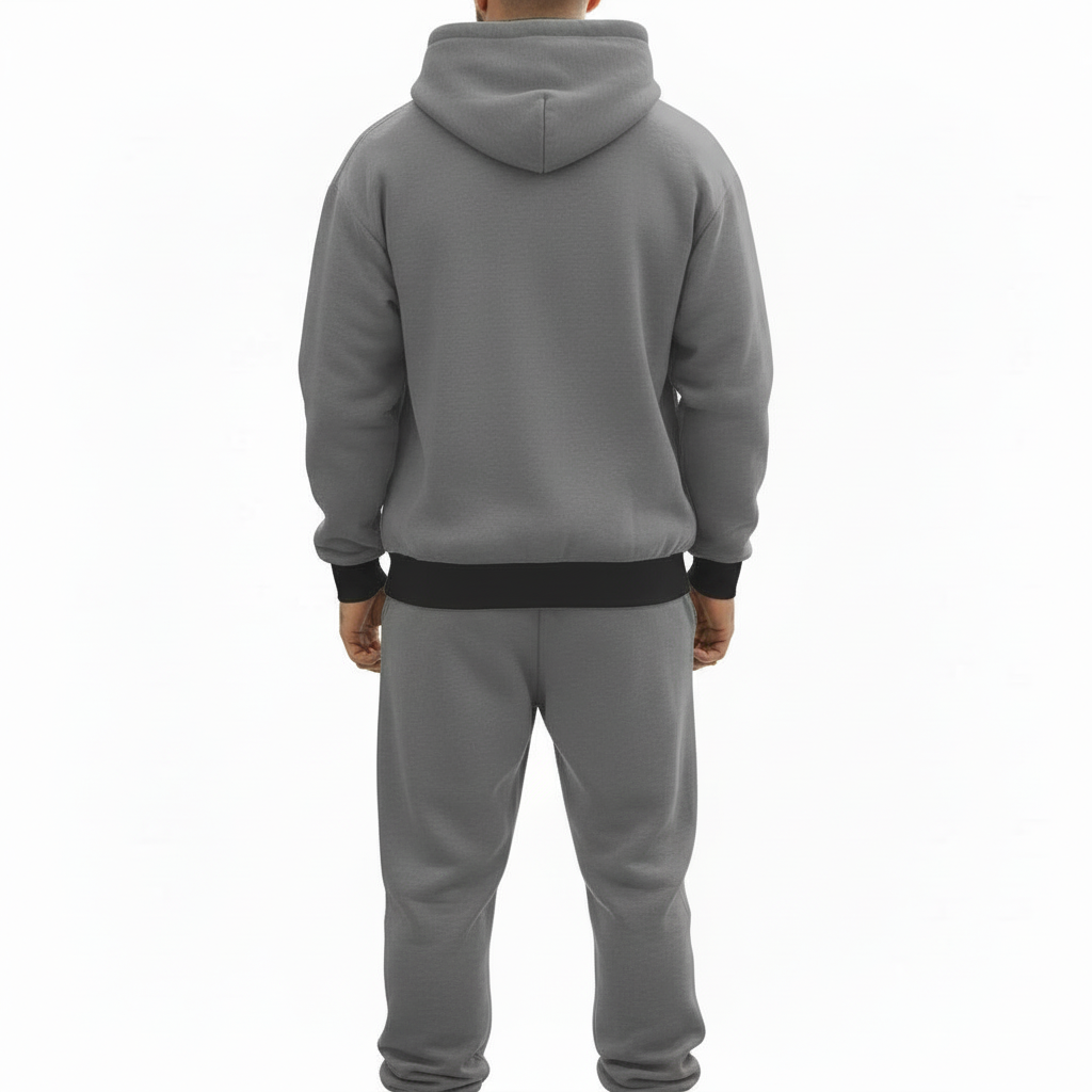 Men's designer breathable cotton tracksuit set featuring a full-zip hooded sweatshirt and matching joggers with an all-over geometric pattern and "VALE" branding