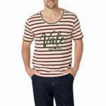 Men's striped breathable cotton t-shirt featuring "Vale" graphic logo and laurel design, available in navy, brown, and red stripes.