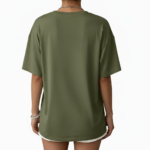 Front view of a woman wearing an oversized breathable cotton t-shirt with a vintage wildflower graphic print, available in blue, green, and orange.