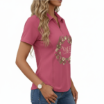 Women's quarter-zip cotton polo shirt featuring a VALE celestial moon and moth botanical wreath design in Forest Green, Black, and Rose.