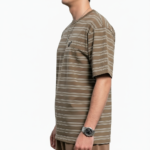 Men's oversized striped cotton t-shirt in green, white, and brown colors with chest logo.