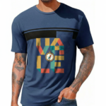 Man wearing a slim-fit breathable cotton t-shirt featuring a geometric "LOVE" compass graphic design on the chest with a horizontal stripe and pocket.