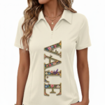 Women's quarter-zip polo shirt in breathable pique cotton featuring a vertical floral 'VALE' graphic design.