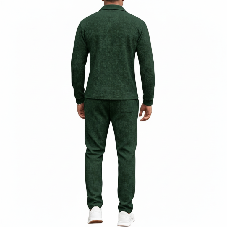 Front view of a professional male model wearing a VALE brand textured cotton tracksuit featuring a quarter-zip polo sweatshirt and matching joggers with minimalist graphic logos on the chest and thigh.