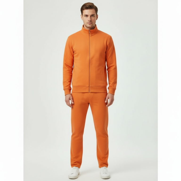 Men's premium minimalist cotton tracksuit featuring a full-zip hoodie and slim-fit joggers with subtle branding on breathable fabric.