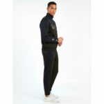 Side-by-side view of a male model wearing the VALE breathable cotton tracksuit in black, navy blue, and sand beige colors.
