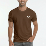 Front view of a man wearing a breathable cotton slim-fit t-shirt with a small white minimalist V-logo on the chest, available in navy, brown, and olive.