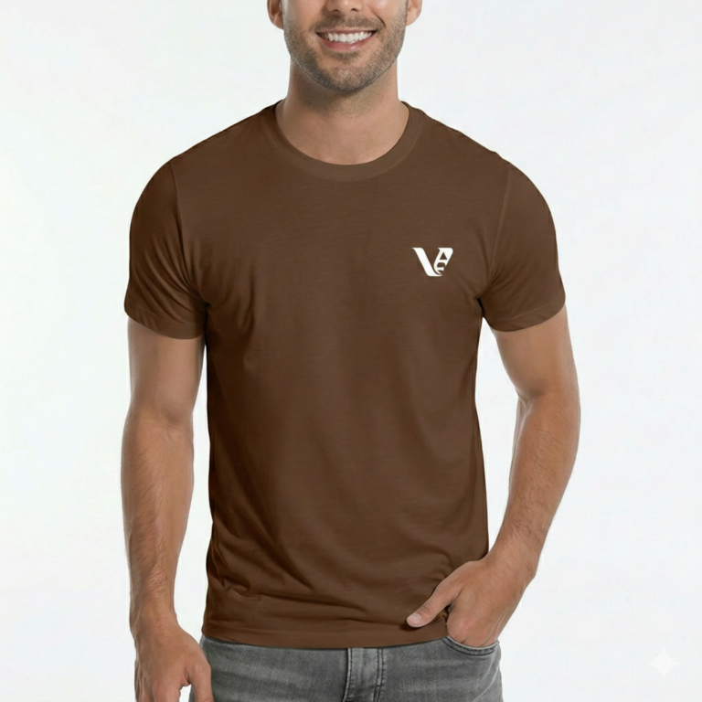 Front view of a man wearing a breathable cotton slim-fit t-shirt with a small white minimalist V-logo on the chest, available in navy, brown, and olive.