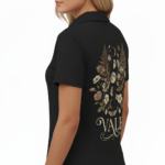 Back view of a premium cotton polo shirt featuring a VALE celestial graphic with moon phases, moths, and botanical ferns in vintage gold tones on black, navy, and maroon fabric.