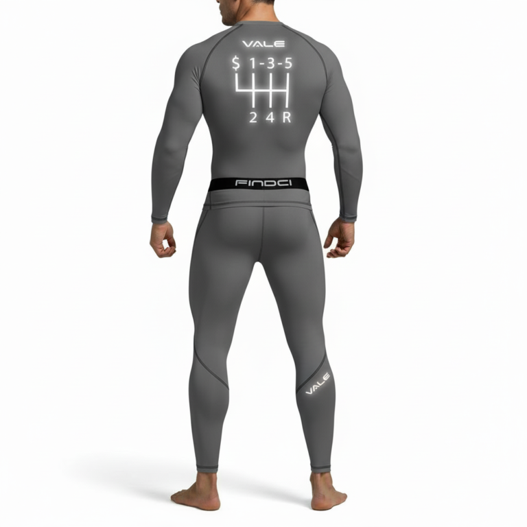 Back and front view of a man wearing a VALE brand compression suit featuring a manual transmission gear shifter graphic on the back of the long-sleeve shirt and matching leggings, shown in black, orange, and grey colors.