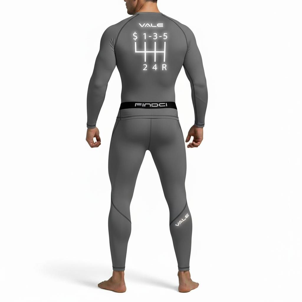 Back and front view of a man wearing a VALE brand compression suit featuring a manual transmission gear shifter graphic on the back of the long-sleeve shirt and matching leggings, shown in black, orange, and grey colors.