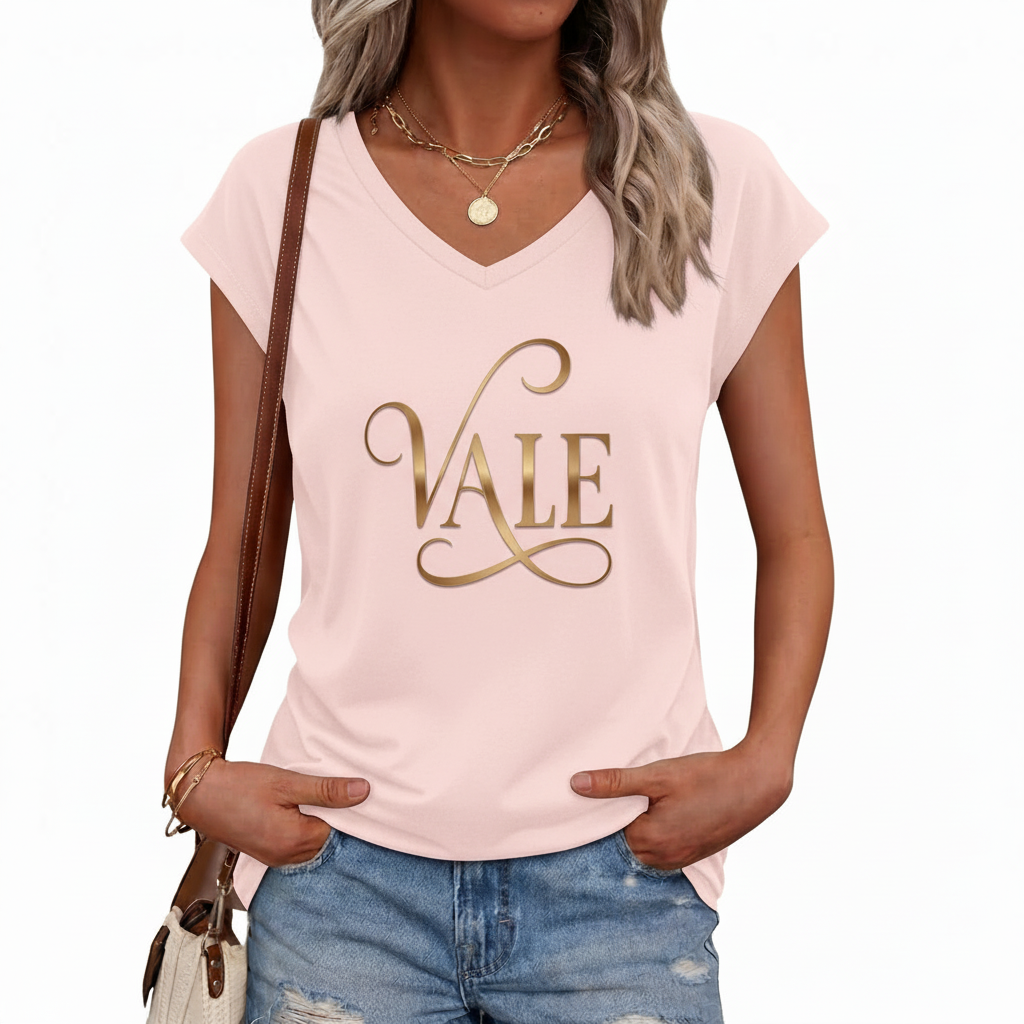 VALE Women’s V-Neck Breathable Cotton T-Shirt Professional studio shot of a woman wearing a VALE brand V-neck breathable cotton t-shirt with a metallic gold cursive logo, styled with denim jeans and gold accessories.
