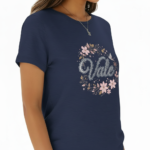 Women's breathable 100% cotton T-shirt featuring "Vale" floral wreath lace design in Navy, Pink, and Brown colors.