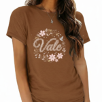 Women's breathable 100% cotton T-shirt featuring "Vale" floral wreath lace design in Navy, Pink, and Brown colors.