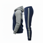 Back and front view of VALE brand breathable cotton tracksuit featuring a large shield logo, raglan sleeves, and matching joggers on a white background.