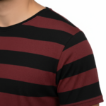 Men's open-collar buttonless pique polo shirt with contrast tipping stripes on the collar and sleeves, available in brown, maroon, and orange.