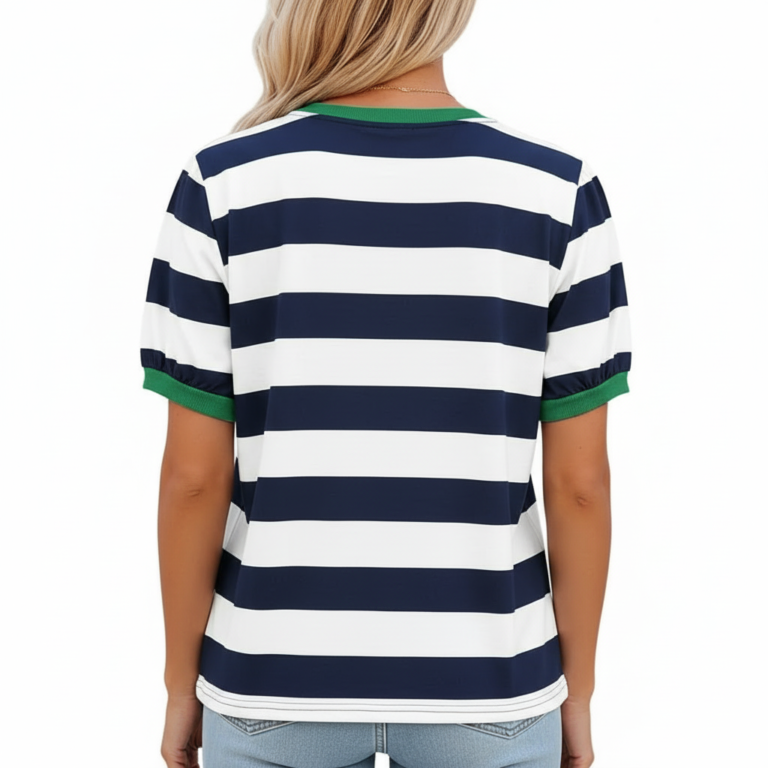 Women's striped cotton t-shirt with yellow butterfly graphic and green ringer neck, breathable summer casual wear.
