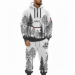 Men's designer breathable cotton tracksuit set featuring a full-zip hooded sweatshirt and matching joggers with an all-over geometric pattern and "VALE" branding