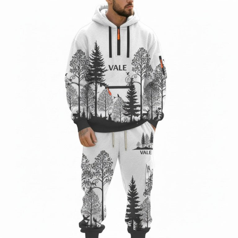 Men's designer breathable cotton tracksuit set featuring a full-zip hooded sweatshirt and matching joggers with an all-over geometric pattern and "VALE" branding