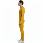 Front view of a man wearing VALE brand 2-piece compression suits in multiple colors including white, navy, orange, and yellow, featuring signature gold side-logos and central compass graphics on breathable cotton-blend fabric.