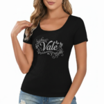Slim-fit women's ribbed cotton t-shirt featuring a silver "Vale" butterfly graphic, available in burgundy, black, and orange.