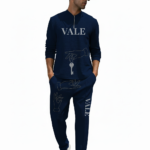 VALE Men's breathable cotton quarter-zip tracksuit set with hand and key graphic print in purple, navy, and black.