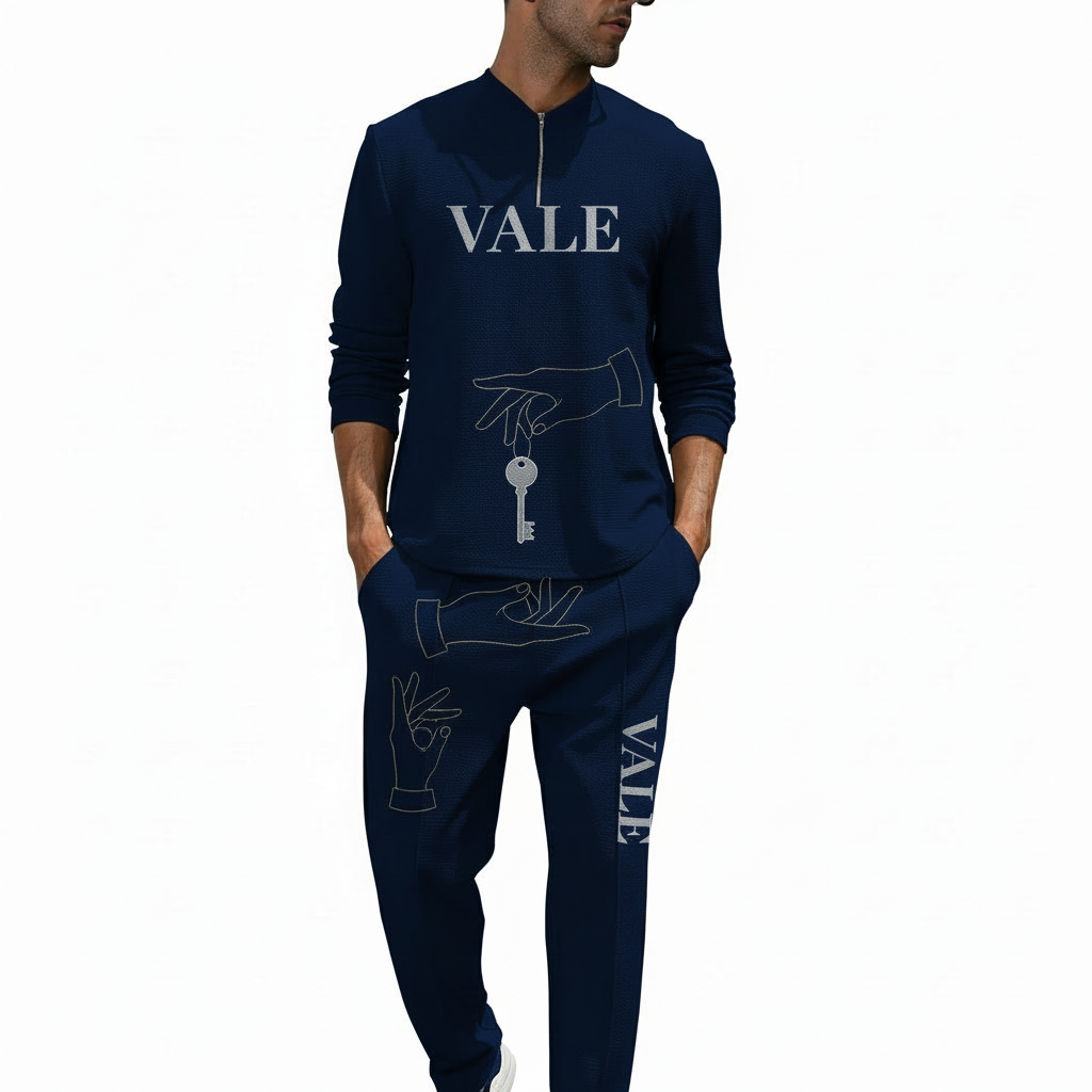VALE Men's breathable cotton quarter-zip tracksuit set with hand and key graphic print in purple, navy, and black.