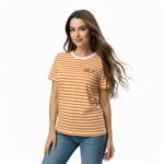 Woman wearing a breathable red and white striped cotton t-shirt with VALE embroidery and blue jeans, isolated on a white background. / Woman wearing an orange and white striped cotton crew neck t-shirt with VALE chest embroidery.
