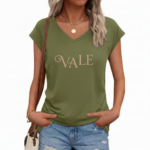 Woman wearing a breathable cotton V-neck t-shirt with "VALE" graphic print, available in Navy Blue, Slate Blue, and Olive Green.