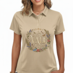 Woman wearing a VALE botanical cotton polo shirt with floral and moon phase graphic design in Earthy Brown, Forest Green, and Sand Beige colors.