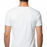 Close-up of a model wearing a premium men's deep V-neck cotton t-shirt in cream with a small black embroidered V-logo on the left chest.