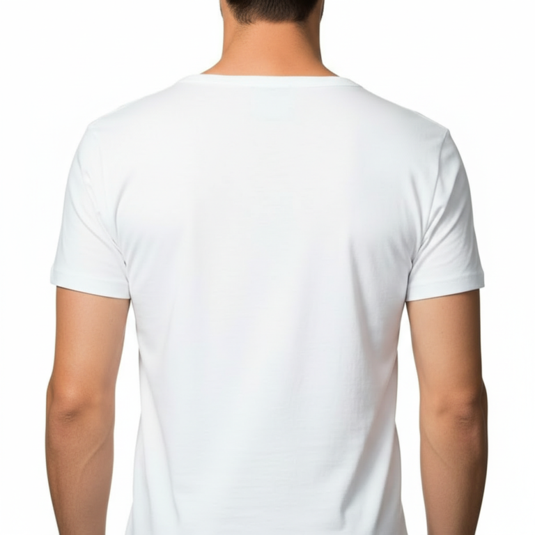 Close-up of a model wearing a premium men's deep V-neck cotton t-shirt in cream with a small black embroidered V-logo on the left chest.