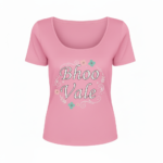 Women's breathable cotton scoop neck t-shirt featuring "Bhoo Vale" floral graphic design in pink, red, and burgundy colors.