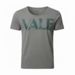 Front view of a VALE brand scoop neck t-shirt for men in grey, white, and blue colors featuring a green geometric logo.