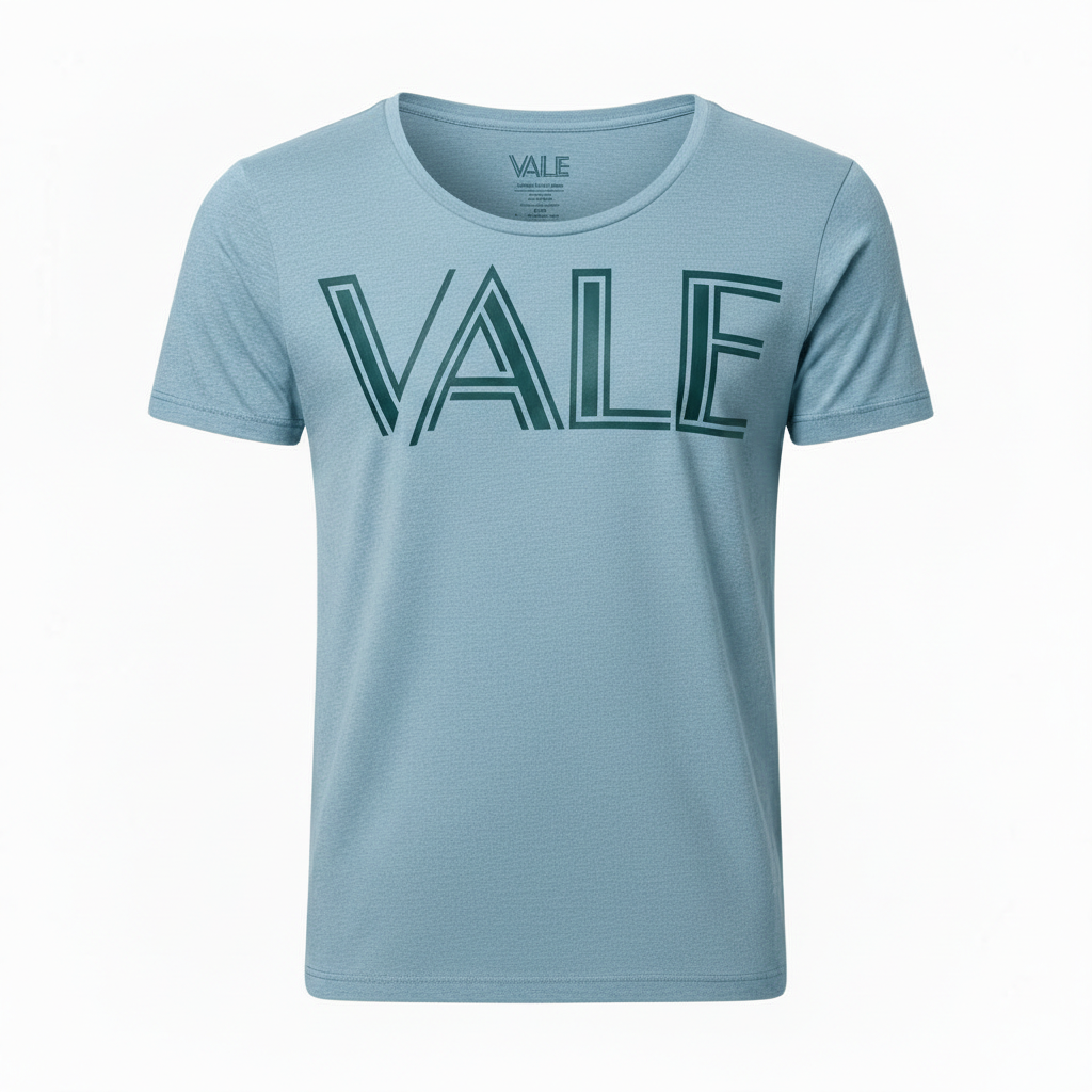 VALE Premium Men’s Scoop Neck Graphic T-Shirt Front view of a VALE brand scoop neck t-shirt for men in grey, white, and blue colors featuring a green geometric logo.