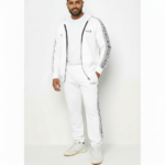 Men's premium cotton zip-up tracksuit featuring a hooded sweatshirt and matching joggers with geometric side-stripe detailing and VALE logo.