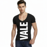 Man wearing VALE brand deep v-neck slim fit t-shirt with bold white vertical logo