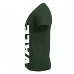 Man wearing VALE brand deep v-neck slim fit t-shirt with bold white vertical logo