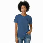 Minimalist V-logo breathable cotton t-shirt for men in olive green, steel blue, and cream white, styled with denim jeans.