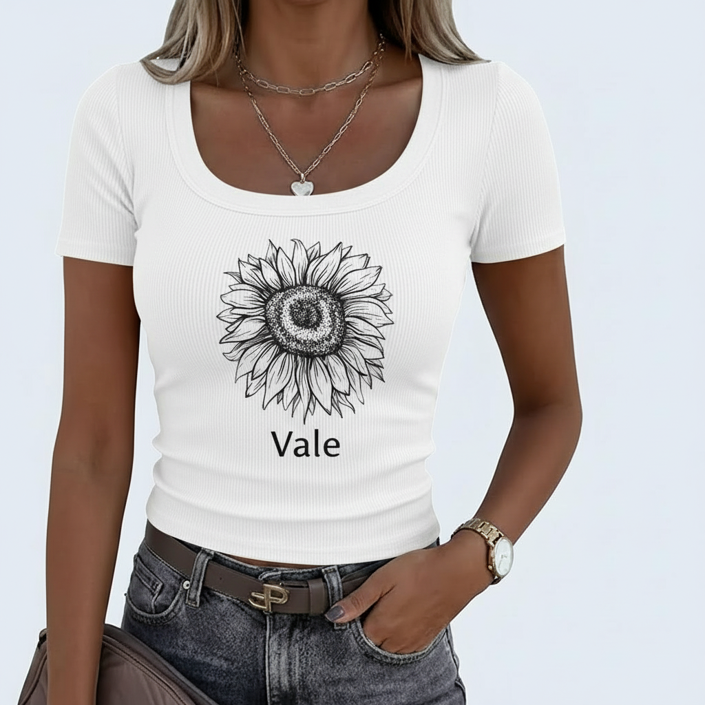 Slim-fit women's ribbed cotton t-shirt with sunflower graphic and Vale text, shown in white, olive green, and black.