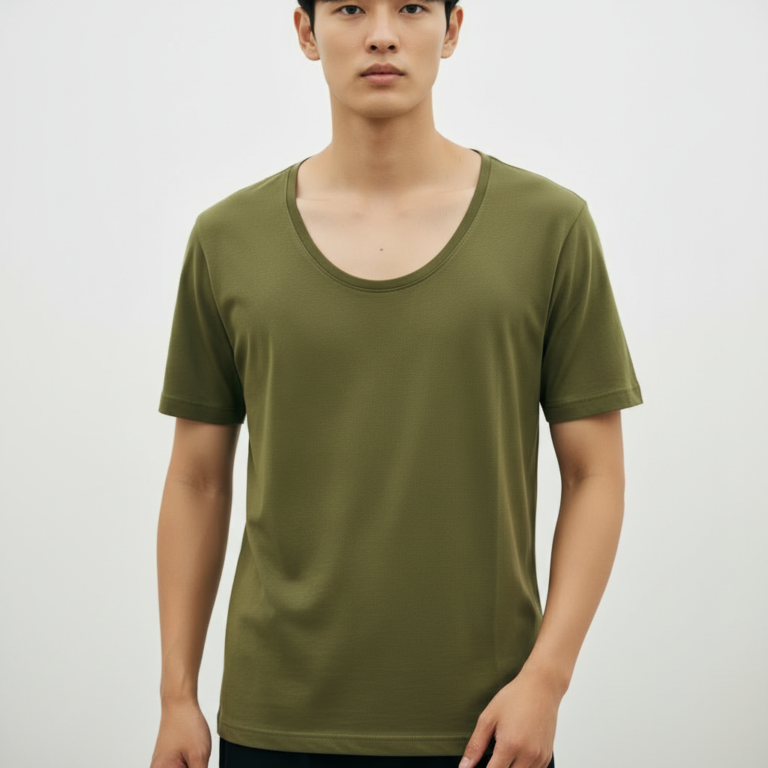 Back view of a man wearing a Terracotta VALE slim-fit t-shirt with a vertical black logo on the spine