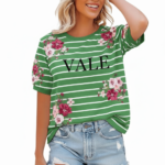 Women's breathable cotton t-shirt with VALE text, horizontal white stripes, and pink floral prints available in yellow, blue, and green.