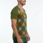 Man wearing Vale brand argyle pattern cotton t-shirt in black, blue, and green colors.