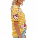 Women's breathable cotton t-shirt with VALE text, horizontal white stripes, and pink floral prints available in yellow, blue, and green.