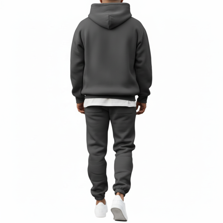 Men's 2-piece oversized tracksuit set made of breathable cotton, featuring a minimalist tree logo and VALE branding, shown in Sand Beige, Olive Green, and Charcoal Grey.