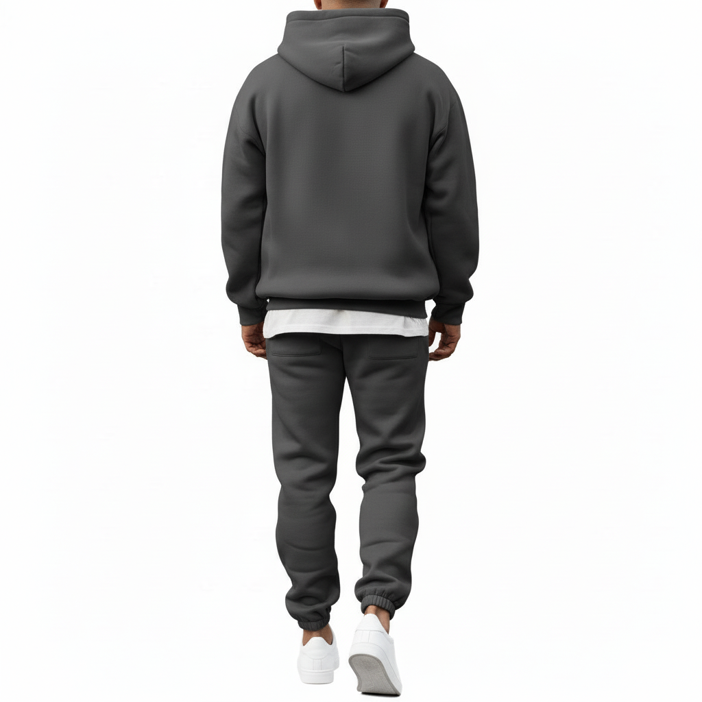 Men's 2-piece oversized tracksuit set made of breathable cotton, featuring a minimalist tree logo and VALE branding, shown in Sand Beige, Olive Green, and Charcoal Grey.